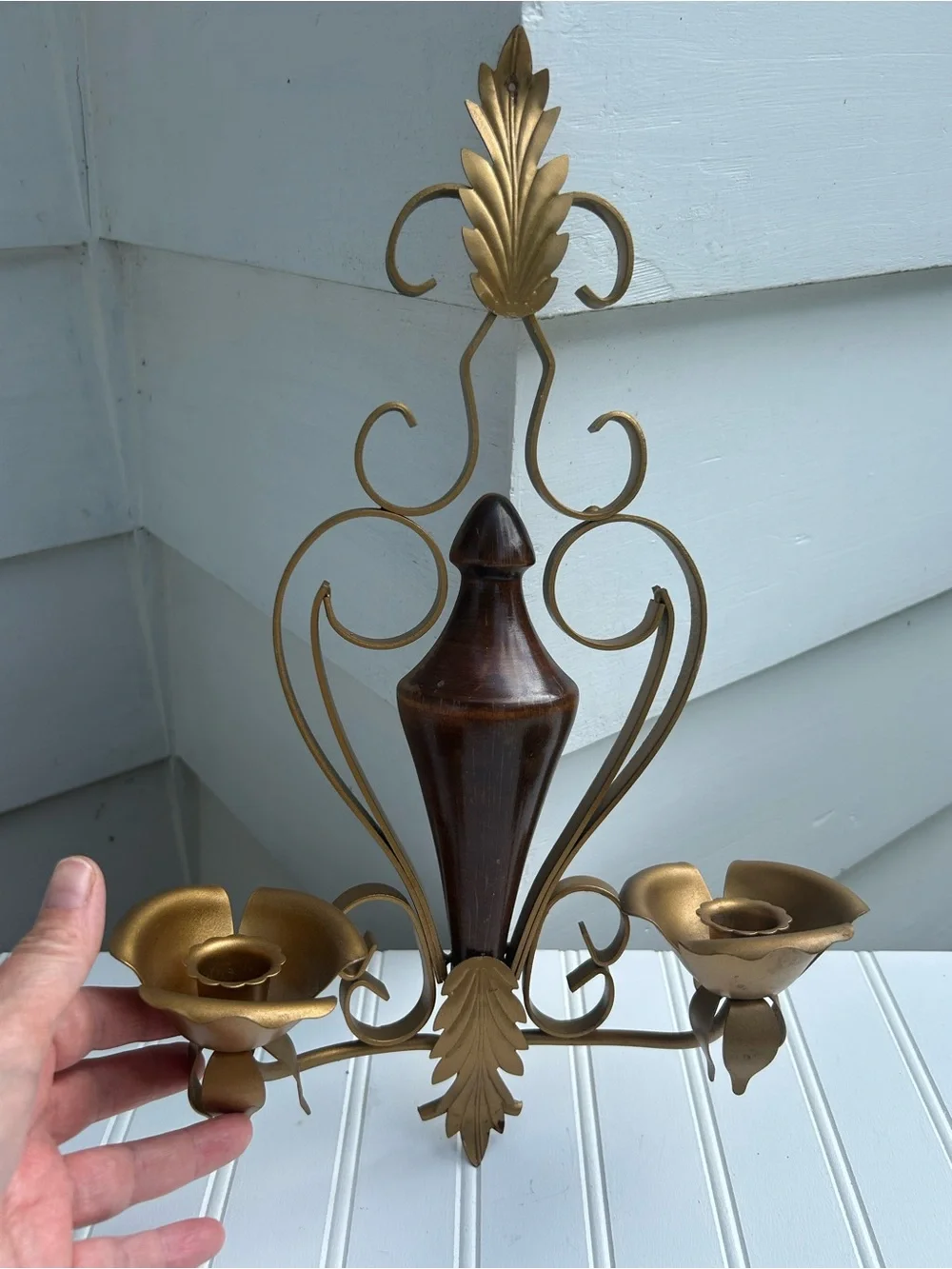 Vintage Sconce Gold Wood Wall Candle Holder Gallery Hollywood Regency 17x11
